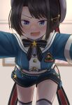  1girl beret black_hair black_neckwear blue_eyes blue_jacket blue_shorts blurry blurry_background blush bow bowtie cake506 commentary_request cowboy_shot hair_ornament hat highres hololive indoors jacket oozora_subaru open_mouth pov sailor_collar shorts smile solo thigh-highs 