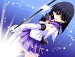  1girl bishoujo_senshi_sailor_moon black_hair earrings elbow_gloves gloves highres jewelry kobayashi_chisato magical_girl purple_eyes sailor_moon_musical sailor_saturn short_hair solo staff tomoe_hotaru weapon 