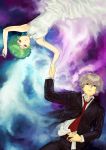  dress green_hair hand_holding holding_hands lying male necktie serious shimotsuki_eight space water wet 