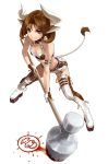  boots breasts brown_eyes brown_hair cleavage cow_ears cow_girl cow_print cow_tail hammer horns midriff monster_girl shimotsuki_eight short_hair shorts smile smirk tail thigh-highs thigh_boots thighhighs 