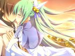  blush eru game_cg green_hair kiss long_hair nimura_yuushi osananajimi_wa_daitouryou ribbons sky sunset twintails 