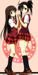  asymmetrical_bangs asymmetrical_hair bangs black_hair brown_eyes brown_hair hand_holding holding_hands kiiro konoe_konoka long_hair magic_circle mahou_sensei_negima! multiple_girls plaid sakurazaki_setsuna school_uniform side_ponytail tartan yuri 