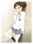  brown_eyes brown_hair face ikari_manatsu k-on! open_clothes open_shirt school_uniform shirt short_hair short_twintails solo suzuki_jun twintails 