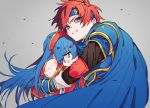  1boy 1girl armor blue_cape blue_eyes blue_gloves blue_hair blue_headband cape fire_emblem fire_emblem:_fuuin_no_tsurugi gloves grey_background hat headband highres injury itou_(very_ito) lilina long_hair long_sleeves red_hat redhead roy_(fire_emblem) short_hair simple_background torn_clothes 