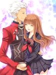  1boy 1girl archer brown_hair couple fate/extra fate/stay_night fate_(series) female_protagonist_(fate/extra) hinano long_hair school_uniform 