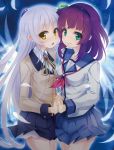  angel_beats! blush green_eyes hand_holding highres holding_hands kisaichi_jin long_hair looking_at_viewer multiple_girls purple_hair school_uniform serafuku smile tachibana_kanade yellow_eyes yuri_(angel_beats!) 