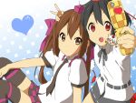  bad_id black_hair brown_eyes brown_hair cellphone checkered checkered_skirt cosplay derivative_work hair_ribbon hat heart himekaidou_hatate hirasawa_yui inubashiri_momiji k-on! multiple_girls nakano_azusa necktie parody phone red_eyes ribbon shameimaru_aya simple_background skirt thigh-highs thighhighs tokin_hat touhou twintails usa_tsukachi v yukkuri_shiteitte_ne zettai_ryouiki 