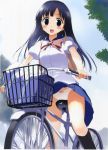  bag bicycle black_hair blush bow from_below green_eyes highres hima kneehighs legs long_hair looking_down open_mouth original panties pantyshot school_uniform skirt socks solo underwear upskirt white_panties 