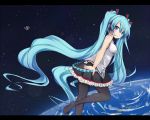  1girl aqua_eyes aqua_hair blush detached_sleeves earth floating floating_hair hatsune_miku hayabusa_(spacecraft) headphones headset highres letterboxed long_hair necktie satellite sei000 skirt smile solo space space_craft striped striped_legwear thighhighs twintails very_long_hair vocaloid 