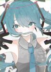  1girl armpits bare_shoulders black_gloves blue_eyes blue_hair blue_neckwear chromatic_aberration closed_mouth collared_shirt dress_shirt elbow_gloves eyes_visible_through_hair gloves grey_shirt hair_between_eyes halo hatsune_miku highres long_hair looking_away necktie shirt simple_background sleeveless sleeveless_shirt smile solo turn3341 twintails upper_body vocaloid 