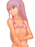  flat_chest frown humio long_hair looking_away navel polka_dot polka_dot_bikini polka_dot_swimsuit purple_hair solo swimsuit 