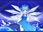  1girl 33paradox :3 ahoge blue_eyes blue_hair bow bracelet cirno dress hair_bow highres jewelry moonbeam night smile solo star touhou wallpaper wings 