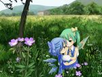  blue_eyes blue_hair bow building child cirno daiyousei eye_contact field flower flower_request grass green_hair hair_bow highres meadow mountain multiple_girls nature outdoors ponytail scenery short_hair side_ponytail sixten sky touhou tree wings 