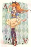  absurdres ace card multicolored_eyes orange_hair ribbon skirt stars stripes thigh-highs 