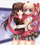  blonde_hair blue_eyes brown_hair kamikita_komari little_busters!! long_hair masushita_ito natsume_rin plaid plaid_skirt ponytail red_eyes scarf school_uniform short_hair skirt striped striped_scarf 