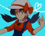  alternate_costume blue_eyes blue_hair bow cabbie_hat cosplay crystal_(pokemon) earrings hat hat_ribbon heart holding holding_poke_ball jewelry kotone_(pokemon) kotone_(pokemon)_(cosplay) overalls poke_ball pokemon pokemon_(game) pokemon_gsc pokemon_special red_ribbon ribbon solo twintails 