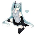  aqua_hair bad_id blue_eyes detached_sleeves from_above hatsune_miku heart long_hair machino_koyoi necktie simple_background sitting skirt solo thighhighs twintails very_long_hair vocaloid 
