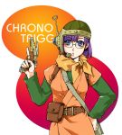  belt blue_eyes chrono_trigger female glasses gun headset helmet higeking lucca_ashtear purple_hair short_hair solo 