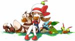  &lt;o&gt;&lt;o&gt; 1girl black_eyes bow brown_hair cabbie_hat chibi chikorita closed_eyes cyndaquil eating eevee food furret gum_(gmng) hat hat_ribbon holding kotone_(pokemon) mouth_hold natu overalls pokemon pokemon_(creature) pokemon_(game) pokemon_gsc red_eyes red_ribbon ribbon sitting thigh-highs thighhighs totodile twintails 