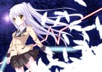  bad_id blade blazer blush feathers long_hair nishidate_masu ribbon school_uniform silver_hair skirt solo tachibana_kanade weapon yellow_eyes 