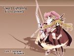  2girls bardiche blonde_hair blue_eyes breasts cape fate_testarossa levantine long_hair mahou_shoujo_lyrical_nanoha mahou_shoujo_lyrical_nanoha_a&#039;s pink_hair ponytail red_eyes signum weapon 