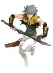 fingerless_gloves gloves grey_hair male muscle shimotsuki_eight short_hair simple_background solo sword weapon 