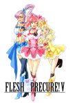  3girls \m/ blonde_hair blue_eyes blush boots cure_berry cure_berry_(cosplay) cure_peach cure_peach_(cosplay) cure_pine cure_pine_(cosplay) dress engrish faris_scherwiz female final_fantasy final_fantasy_v fresh_pretty_cure! gihachi green_eyes hair_ornament hairband high_heels krile_mayer_baldesion lenna_charlotte_tycoon long_hair midriff open_mouth pink_hair ponytail precure pretty_cure purple_hair siblings sisters thigh-highs twintails wink 