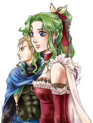  armor bare_shoulders blonde_hair blue_eyes cape choker couple detached_sleeves earrings edgar_roni_figaro female final_fantasy final_fantasy_vi green_hair higeking long_hair male ponytail red_ribbon ribbon tina_branford 