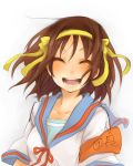  brown_hair closed_eyes hair_ribbon hairband ribbon school_uniform short_hair sorayuu suzumiya_haruhi suzumiya_haruhi_no_yuuutsu 