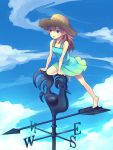  barefoot blue_eyes cloud clouds dress hat kneeling long_hair one_knee open_mouth original red_hair redhead sakuyamochi sky smile solo standing_on_one_leg straw_hat sundress weather_vane 