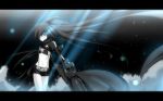  bikini_top black_hair black_rock_shooter black_rock_shooter_(character) blue_eyes coat flat_chest glowing glowing_eyes highres letterboxed long_hair midriff navel pale_skin scar shorts solo tan_(artist) tan_(carbon) twintails very_long_hair weapon 