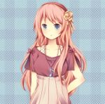  alternate_costume blue_eyes casual contemporary fiute flower glowing hair_flower hair_ornament hairband jewelry long_hair megurine_luka musical_note necklace pendant pink_hair polka_dot polka_dot_background solo vocaloid 