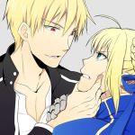  blue_eyes cheek_grab chin_grab eye_contact fate/stay_night fate_(series) frown gilgamesh grimace grin lowres red_eyes saber simple_background smile topon_(dallar) 