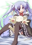  :3 blush garter hair_ribbon jpeg_artifacts lolita_fashion pillow silver_hair sitting smile stockings stuffed_animal thigh-highs twintails violet_eyes 