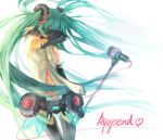  aqua_hair elbow_gloves fingerless_gloves gloves hatsune_miku hatsune_miku_(append) light_kiseki long_hair lowres microphone microphone_stand miku_append necktie simple_background solo thigh-highs thighhighs twintails very_long_hair vocaloid vocaloid_append 