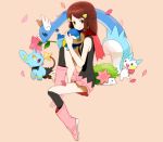  1girl brown_eyes brown_hair dragonair flower gum_(gmng) hair_ornament hairclip hikari_(pokemon) kneehighs no_hat no_headwear pachirisu petals piplup pokemon pokemon_(creature) scarf shaymin shinx skirt sleeveless smile socks 