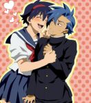  blue_hair blush crossdressinging headband heart kamina matsukaze_yukiji multiple_boys saliva school_uniform serafuku simon skirt sweat tengen_toppa_gurren_lagann 