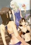  baccano! back bikini black_hair cave chane_laforet character_request claire_stanfield dress dutch_angle edith_(baccano!) enami_katsumi floating halterneck looking_back midriff official_art rock shark short_hair smile standing swimsuit 
