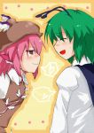  2girls animal_ears antenna antennae closed_eyes green_hair hat heart highres idkabi multiple_girls mystia_lorelei pink_hair purple_eyes short_hair smile suzuneno_kanade sweatdrop touhou violet_eyes wriggle_nightbug 