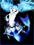  aqua_eyes aqua_hair arms_up belt cyanblue elbow_gloves gloves hatsune_miku hatsune_miku_(append) long_hair mermaid miku_append monster_girl necktie open_shirt solo tegaki twintails underwater very_long_hair vocaloid vocaloid_append 