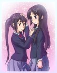  akiyama_mio black_hair blue_eyes brown_eyes inui_uni k-on! long_hair multiple_girls nakano_azusa petting school_uniform twintails tying 