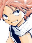  close-up fairy_tail grin looking_back male natsu_dragneel pink_hair scarf simple_background smile solo spiked_hair spiky_hair tbing1 vest 