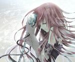  aonoe aqua_eyes dress elbow_gloves fishnets gloves long_hair megurine_luka microphone microphone_stand pink_hair solo tears vintage_microphone vocaloid 