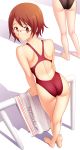  barefoot brown_eyes brown_hair competition_swimsuit from_above glasses highres kuri_(kurigohan) looking_back one-piece_swimsuit swimsuit towel 