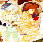  barefoot book brush card cards closed_eyes clothes digital_media_player hands hoo inazuma_eleven lying_card male mp3_player multiple_boys nagumo_haruya nintendo_ds pajamas pillow playing_games red_hair redhead sleeping striped white_hair yellow_eyes 