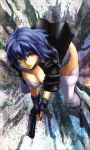  boots breasts cleavage fingerless_gloves from_above ghost_in_the_shell ghost_in_the_shell_stand_alone_complex gloves gun handgun iwaya jacket kusanagi_motoko pistol red_eyes shin_guards short_hair solo thigh-highs thighhighs weapon 