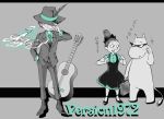  acoustic_guitar aqua dress feathers fedora formal guitar hand_in_pocket hat instrument kamina_shades kurauma_nami little_my monochrome moomin moomintroll oldschool pipe smoke smoking snufkin spot_color suit sunglasses translated translation_request 