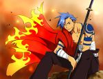   blue_hair cape kamina katana male rikko sarashi shirtless sitting solo sword tattoo tengen_toppa_gurren_lagann weapon  