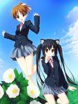  animal_ears black_hair blazer brown_eyes brown_hair cat_ears flower hinata_nao hirasawa_ui k-on! nakano_azusa paw_pose pinching_sleeves sleeves_past_wrists standing_on_one_leg twintails 