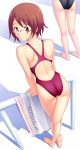  barefoot brown_eyes brown_hair competition_swimsuit from_above glasses highres kuri_(kurigohan) legs looking_back one-piece_swimsuit original solo swimsuit towel 